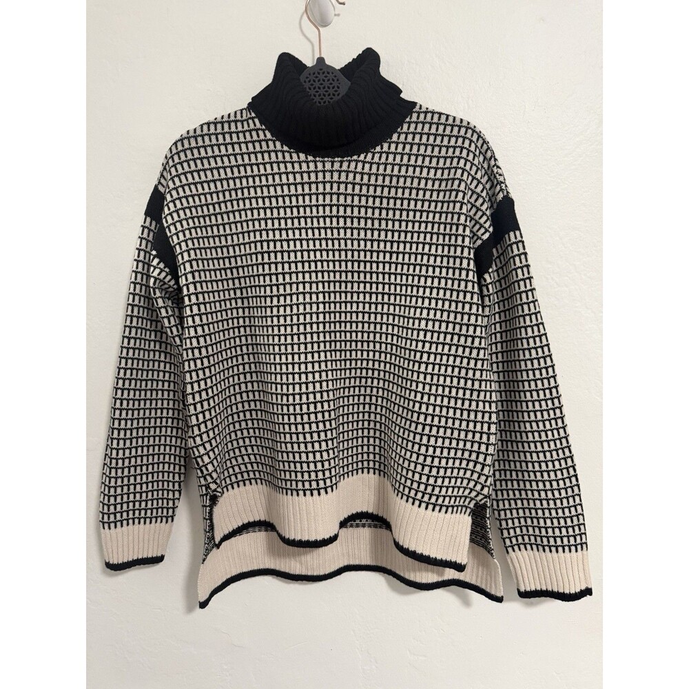 Verve Ami Womens M Black Cream Turtleneck Sweater NWT Chunky Knit Boxy